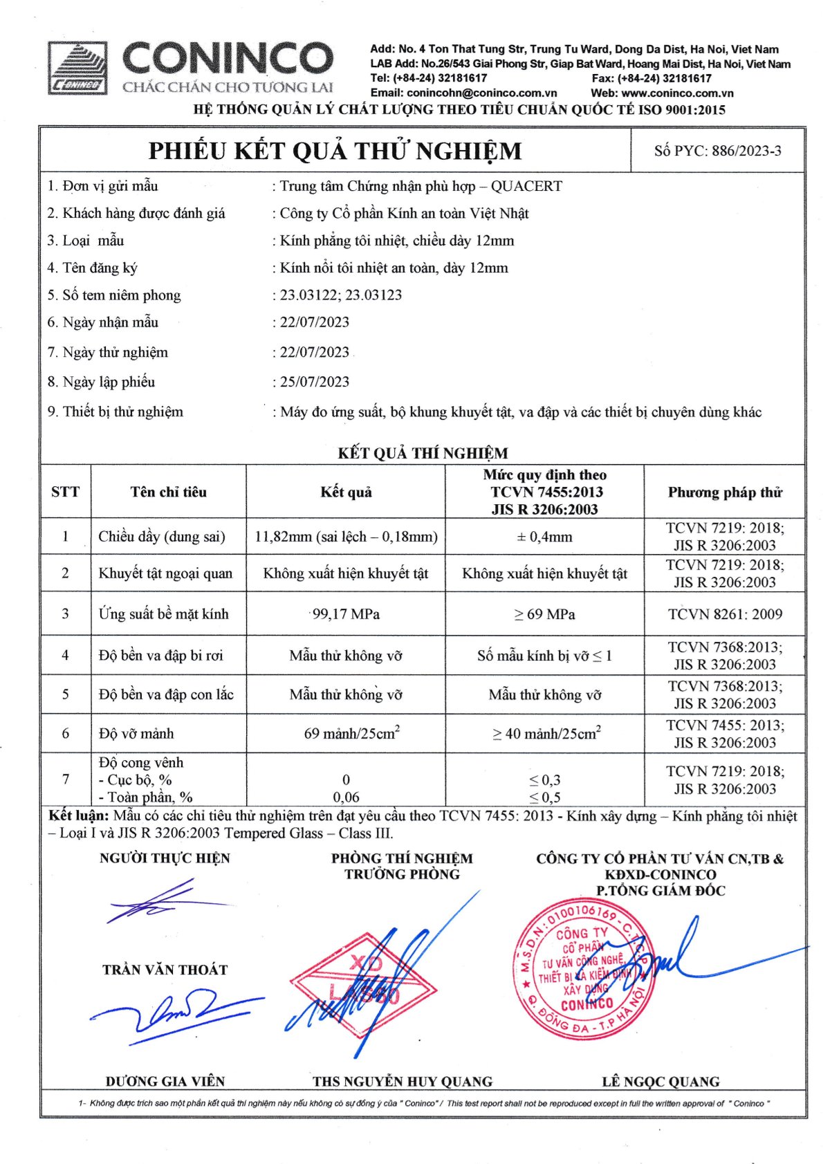 Phiếu kết quả thử nghiệm kính phẳng tôi nhiệt 12mm của Công ty Cổ phần Kính an toàn Việt Nhật